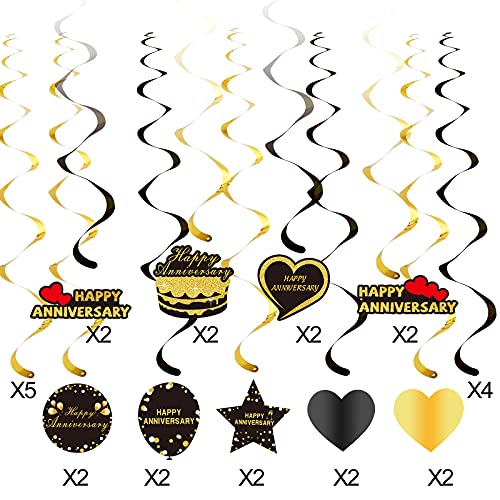 Kauayurk 27Pcs Happy Anniversary Hanging Swirl Decorations - Black Gold Happy Wedding Anniversary Party Swirl Ceiling Backdrop Supplies - Wedding Anniversary Hanging Decor Sign