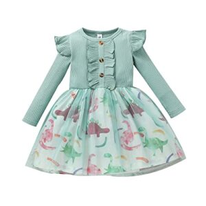 Baby Toddler Girls Fall Winter Long Sleeve Dress Floral Princess Casual Dress Kids Ribbed Tutu Skirt