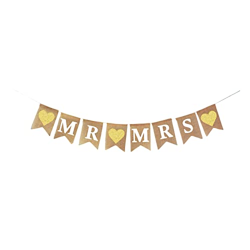 Just Married Banner Flag – Mr and Mrs Banner Rustic Burlap Sign Decoration for Wedding Party Table Photobooth Props Home Wall by Mandala Crafts