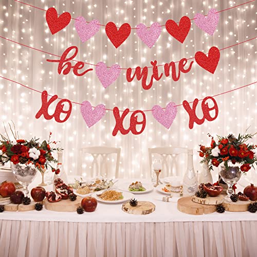 Valentines Red and Pink Glittery Be Mine Banner Glitter XOXO Banner and Heart Garland Banner for Valentines Day Decorations Wedding Proposal Engagement Bachelorette Party Decor Supplies