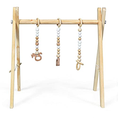 BABY JOY Portable Wooden Baby Gym, Foldable Baby Play Gym Frame with 3 Wooden Baby Teething Toys, Baby Exercise Activity Gym Hanging Bar Newborn Baby Gift (Natural)