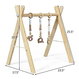 BABY JOY Portable Wooden Baby Gym, Foldable Baby Play Gym Frame with 3 Wooden Baby Teething Toys, Baby Exercise Activity Gym Hanging Bar Newborn Baby Gift (Natural)