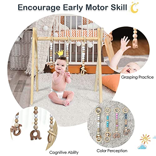 BABY JOY Portable Wooden Baby Gym, Foldable Baby Play Gym Frame with 3 Wooden Baby Teething Toys, Baby Exercise Activity Gym Hanging Bar Newborn Baby Gift (Natural)