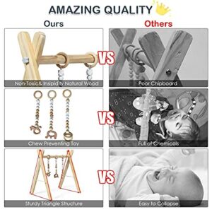 BABY JOY Portable Wooden Baby Gym, Foldable Baby Play Gym Frame with 3 Wooden Baby Teething Toys, Baby Exercise Activity Gym Hanging Bar Newborn Baby Gift (Natural)