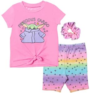 star wars the child toddler girls graphic t-shirt shorts and scrunchie 3 piece outfit set pink/rainbow 5t