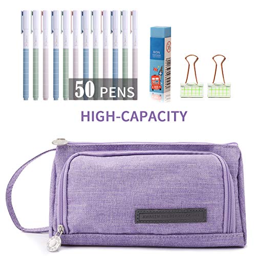 Pencil Case, Yloves Big Capacity Pen Pencil Bag Pouch Box Organizer Holder with 2 PCS Index Tabs for School Office (Purple)