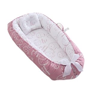 vohunt baby lounger for newborn,100% cotton co-sleeper for baby in bed with handles,soft newborn lounger adjustable size & strong zipper lengthen space to 3 tears old(elephant pink)