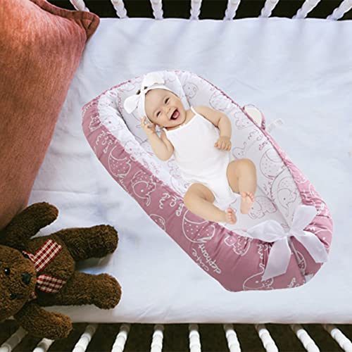 Vohunt Baby Lounger for Newborn,100% Cotton Co-Sleeper for Baby in Bed with Handles,Soft Newborn Lounger Adjustable Size & Strong Zipper Lengthen Space to 3 Tears Old(Elephant Pink)