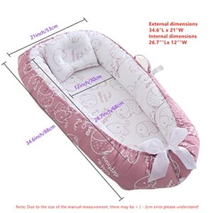 Vohunt Baby Lounger for Newborn,100% Cotton Co-Sleeper for Baby in Bed with Handles,Soft Newborn Lounger Adjustable Size & Strong Zipper Lengthen Space to 3 Tears Old(Elephant Pink)