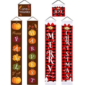 3 pieces christmas thanksgiving reversible banner christmas thanksgiving porch sign merry christmas and fall harvest banner christmas plaid hanging banner for holiday (brown, red and black plaid)