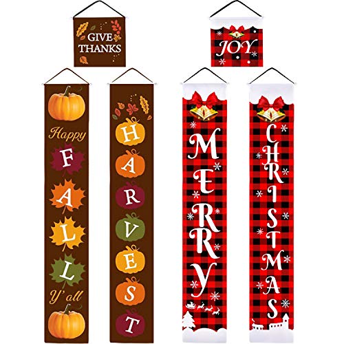 3 Pieces Christmas Thanksgiving Reversible Banner Christmas Thanksgiving Porch Sign Merry Christmas and Fall Harvest Banner Christmas Plaid Hanging Banner for Holiday (Brown, Red and Black Plaid)