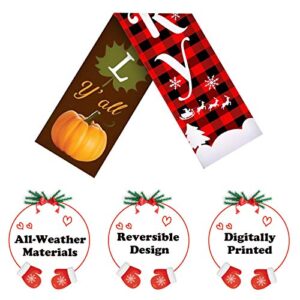 3 Pieces Christmas Thanksgiving Reversible Banner Christmas Thanksgiving Porch Sign Merry Christmas and Fall Harvest Banner Christmas Plaid Hanging Banner for Holiday (Brown, Red and Black Plaid)