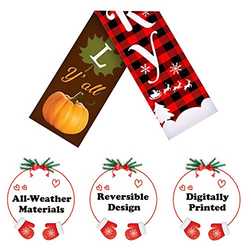 3 Pieces Christmas Thanksgiving Reversible Banner Christmas Thanksgiving Porch Sign Merry Christmas and Fall Harvest Banner Christmas Plaid Hanging Banner for Holiday (Brown, Red and Black Plaid)