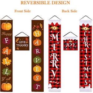 3 Pieces Christmas Thanksgiving Reversible Banner Christmas Thanksgiving Porch Sign Merry Christmas and Fall Harvest Banner Christmas Plaid Hanging Banner for Holiday (Brown, Red and Black Plaid)