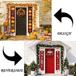 3 Pieces Christmas Thanksgiving Reversible Banner Christmas Thanksgiving Porch Sign Merry Christmas and Fall Harvest Banner Christmas Plaid Hanging Banner for Holiday (Brown, Red and Black Plaid)