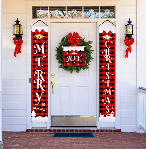 3 Pieces Christmas Thanksgiving Reversible Banner Christmas Thanksgiving Porch Sign Merry Christmas and Fall Harvest Banner Christmas Plaid Hanging Banner for Holiday (Brown, Red and Black Plaid)