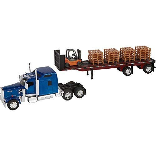 Die-Cast Truck Replica - Kenworth W900 Flatbed with Forklift, 1:32 Scale, Model# SS10263A