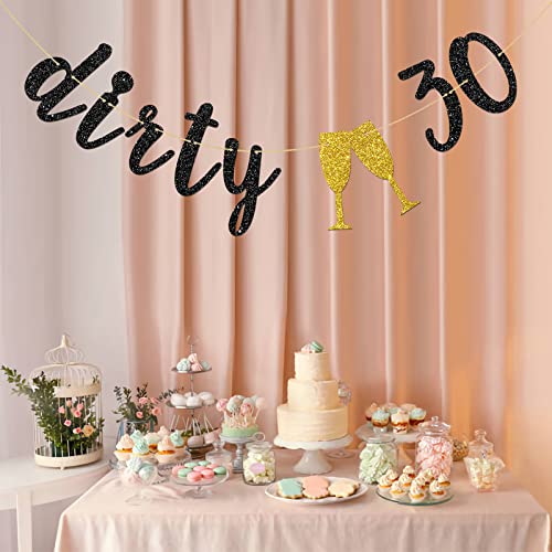 Black Glitter Dirty 30 Banner - Happy 30th Birthday Banner - Happy 30th Anniversary Party Decorations Supplies