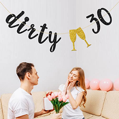 Black Glitter Dirty 30 Banner - Happy 30th Birthday Banner - Happy 30th Anniversary Party Decorations Supplies