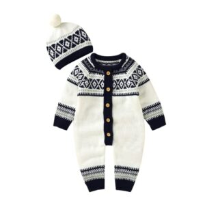 wugugu baby girls boys rompers caps outfit newborn infant knitted jumpsuits hats suit unisex retro long sleeve soft warm winter spring bodysuit clothes white 6-12 months