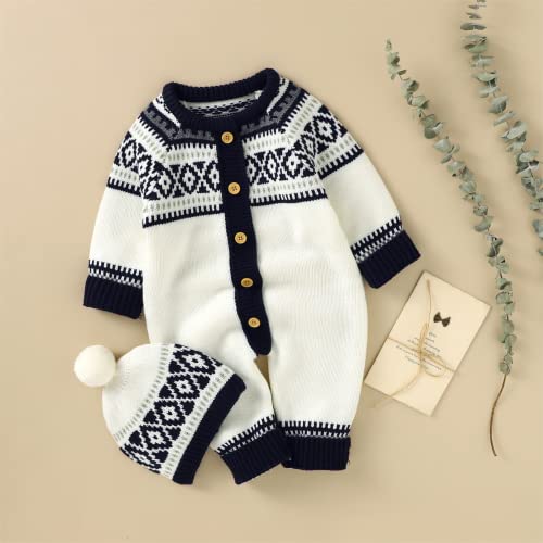Wugugu Baby Girls Boys Rompers Caps Outfit Newborn Infant Knitted Jumpsuits Hats Suit Unisex Retro Long Sleeve Soft Warm Winter Spring Bodysuit Clothes White 6-12 Months
