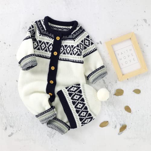 Wugugu Baby Girls Boys Rompers Caps Outfit Newborn Infant Knitted Jumpsuits Hats Suit Unisex Retro Long Sleeve Soft Warm Winter Spring Bodysuit Clothes White 6-12 Months