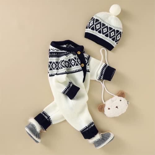Wugugu Baby Girls Boys Rompers Caps Outfit Newborn Infant Knitted Jumpsuits Hats Suit Unisex Retro Long Sleeve Soft Warm Winter Spring Bodysuit Clothes White 6-12 Months