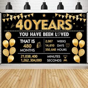 40th birthday banner backdrop decorations for men women, black gold happy 40th birthday background party supplies, happy 40th anniversary photo props decor for outdoor indoor