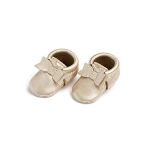 Freshly Picked - Soft Sole Leather Bow Moccasins - Newborn Baby Girl Shoes - Size 0 Platinum