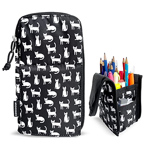 SEESOCUE Standing Pencil Case Large Capacity Pen Bag for Office Adult Big Storage Markers Holder for College Students Pencil Pouch for Girls & Boys School Stationery Organizer (Black Cats)