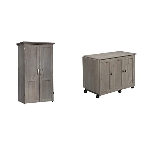 Sauder Miscellaneous Storage Craft & Sewing Armoire, L: 35.112" x W: 21.81" x H: 61.58", Mystic Oak Finish & Miscellaneous Storage Sewing/Craft Cart, Mystic Oak Finish