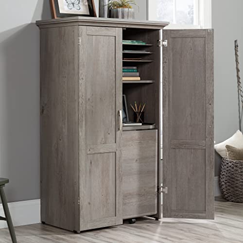 Sauder Miscellaneous Storage Craft & Sewing Armoire, L: 35.112" x W: 21.81" x H: 61.58", Mystic Oak Finish & Miscellaneous Storage Sewing/Craft Cart, Mystic Oak Finish