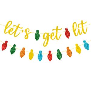 jozon gold glittery let’s get lit banner and and colorful glittery christmas lightbulb themed banner christmas garland signs christmas holiday party supplies for mantle fireplace wall party decorations