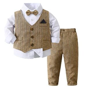 chictry toddler baby boys 4 pieces party outfits gentleman formal suit bow tie dress shirt + vest + pant set a khaki 9-12 months