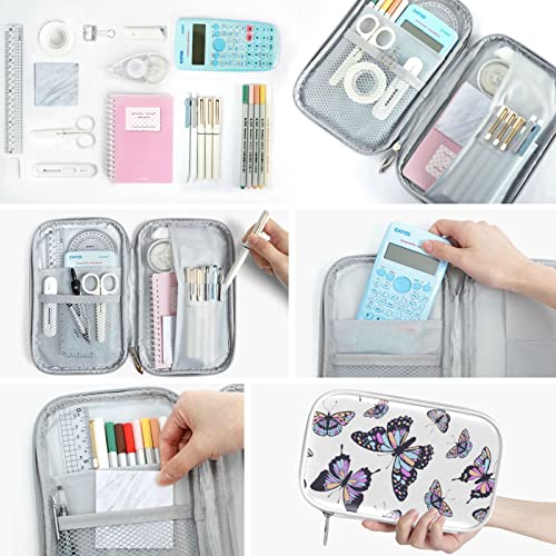 ZZKKO Butterflies White Pencil Bag Case Zipper Pencil Holder Organizer Stationary Pen Bag Cosmetic Makeup Bag Pouch Purse for School Office Supplies