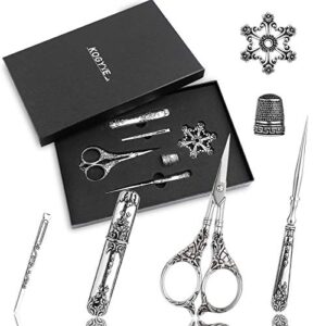 embroidery scissors kits, vintage scissors european style sewing scissors, sewing kit with sewing needle case, thimble and metal floss bobbin, complete needlework kits for embroidery (silver)