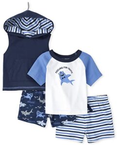 the children’s place baby boys sleeve shirt and shorts, 4-piece playwear set 4-pack, shark blue, 9-12 months