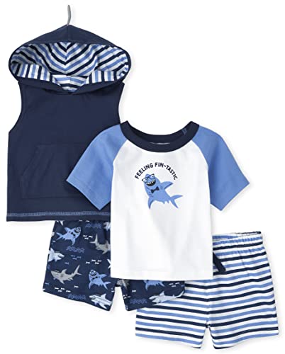 The Children's Place Baby Boys Sleeve Shirt and Shorts, 4-Piece Playwear Set 4-Pack, Shark Blue, 9-12 Months