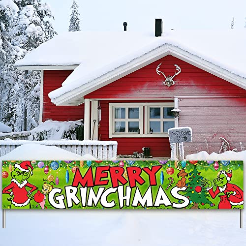 Grinch Christmas Decorations - Grinch Welcome Yard Sign Grinch Christmas Hanging Banners for Indoor Outside Front Door Living Room Kitchen Wall Party