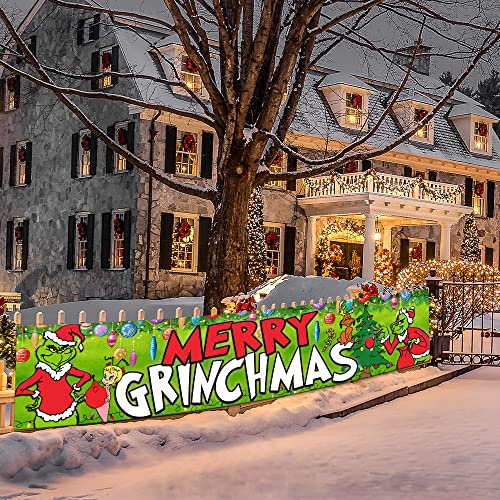 Grinch Christmas Decorations - Grinch Welcome Yard Sign Grinch Christmas Hanging Banners for Indoor Outside Front Door Living Room Kitchen Wall Party