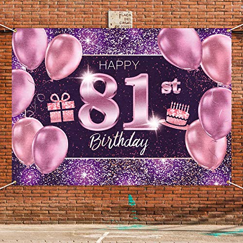 PAKBOOM Happy 81st Birthday Banner Backdrop - 81 Birthday Party Decorations Supplies for Women - Pink Purple Gold 4 x 6ft