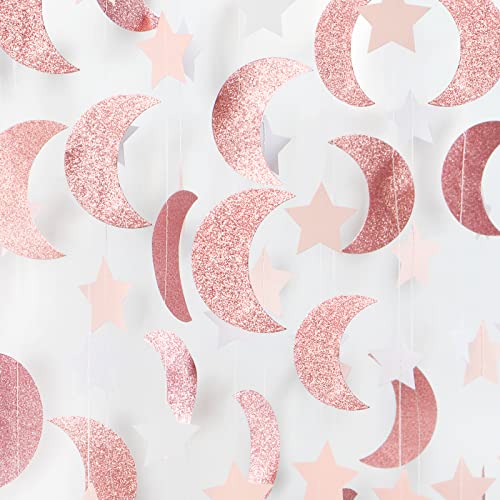 Pink Rose-Gold Moon-Star Party-Decorations Garland - 52Ft Twinkle Little Star Hanging Decoration Streamers Banner, Eid Ramadan Mubarak Decoration Birthday Wedding Baby Shower Party Decor Panduola