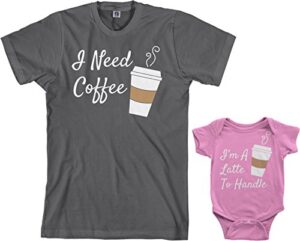 threadrock coffee & latte infant bodysuit & men’s t-shirt matching set (baby: 12m, pink|men’s: xl, charcoal)