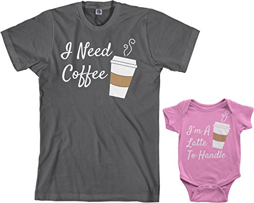 Threadrock Coffee & Latte Infant Bodysuit & Men's T-Shirt Matching Set (Baby: 12M, Pink|Men's: XL, Charcoal)