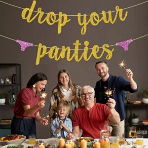 Drop Your Panties Banner Gold Glitter Bacheloretter, Lingerie Shower, Wedding Birthday Party Decorations Banner Sign