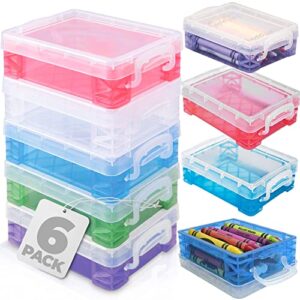 vlish 6 clear crayon plastic storage containers – 6 pack classroom school supplies, stackable case boxes snap latch lids closure, arts and crafts organizer bins-1.5×3.5″x4.75″ colors may vary