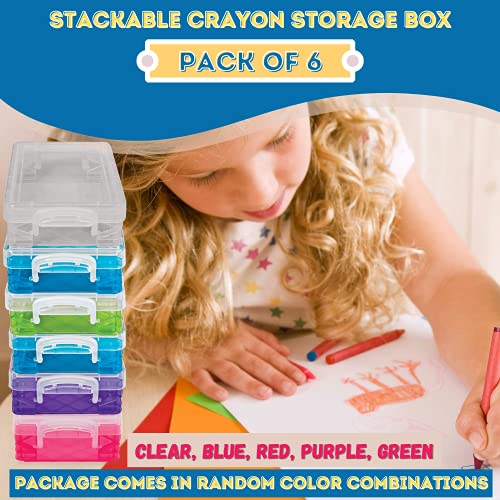 Vlish 6 Clear Crayon Plastic Storage Containers - 6 Pack Classroom School Supplies, Stackable Case Boxes Snap Latch Lids Closure, Arts and Crafts Organizer Bins-1.5x3.5"x4.75" Colors May Vary