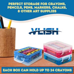 Vlish 6 Clear Crayon Plastic Storage Containers - 6 Pack Classroom School Supplies, Stackable Case Boxes Snap Latch Lids Closure, Arts and Crafts Organizer Bins-1.5x3.5"x4.75" Colors May Vary