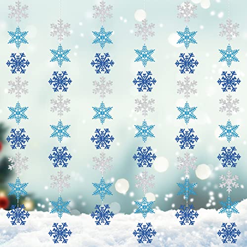 AnyDesign 54Pcs Snowflake Garland Decorations White Blue Glitter Hanging Snowflake Decorations Snowflake Banner for Christmas Winter Wonderland Party Baby Shower Birthday Decoration