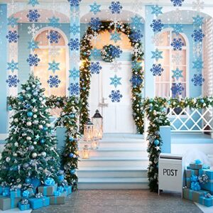 AnyDesign 54Pcs Snowflake Garland Decorations White Blue Glitter Hanging Snowflake Decorations Snowflake Banner for Christmas Winter Wonderland Party Baby Shower Birthday Decoration